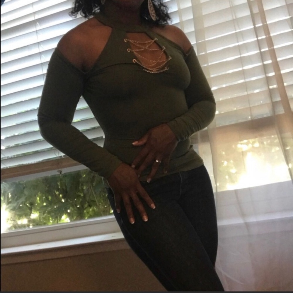 Olive with gold chain Bebe body con blouse